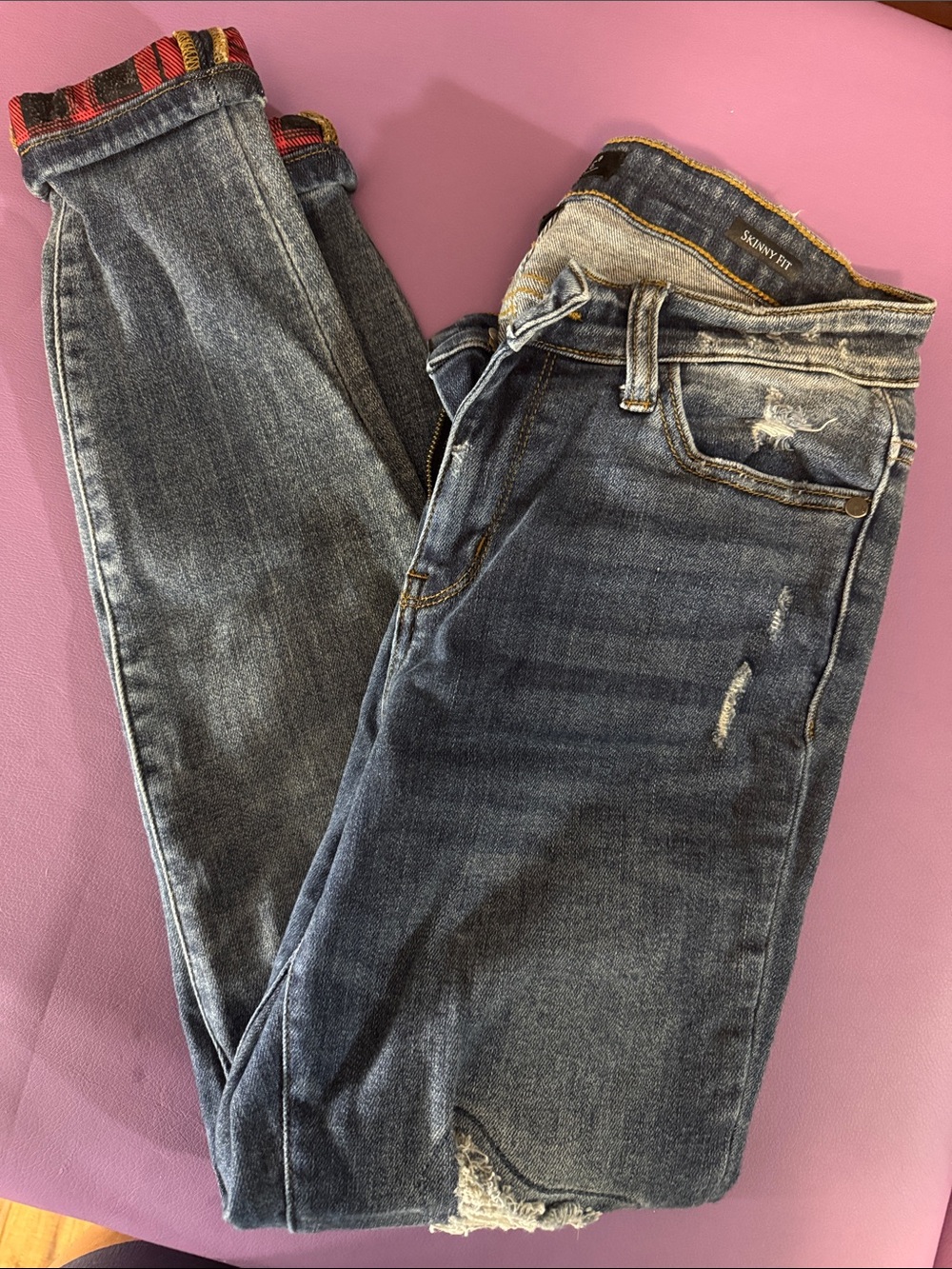 Judy Blue Dark Blue Skinny Jeans with Plaid Cuff